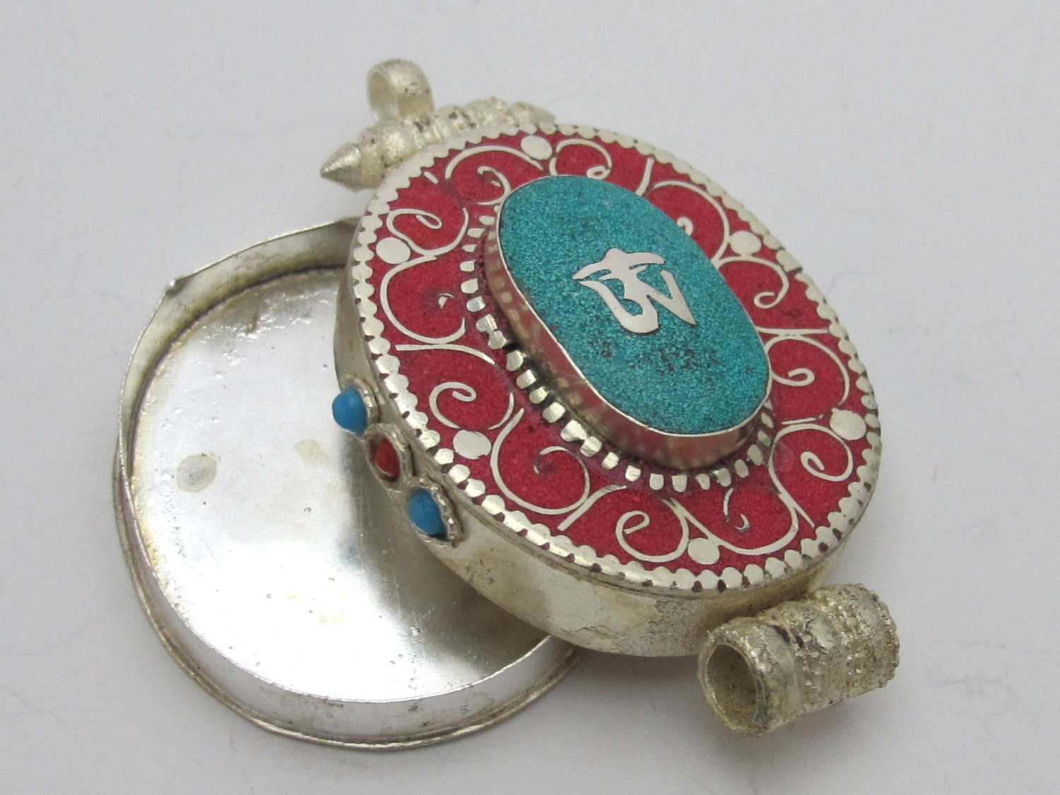 Large Size Tibetan Ghau prayer box Om pendant with turquoise coral inlay - PM143C