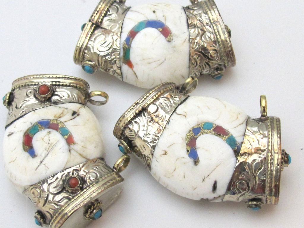 Tibetan silver capped ethnic naga conch shell double bail pendant with turquoise coral inlay - SP017