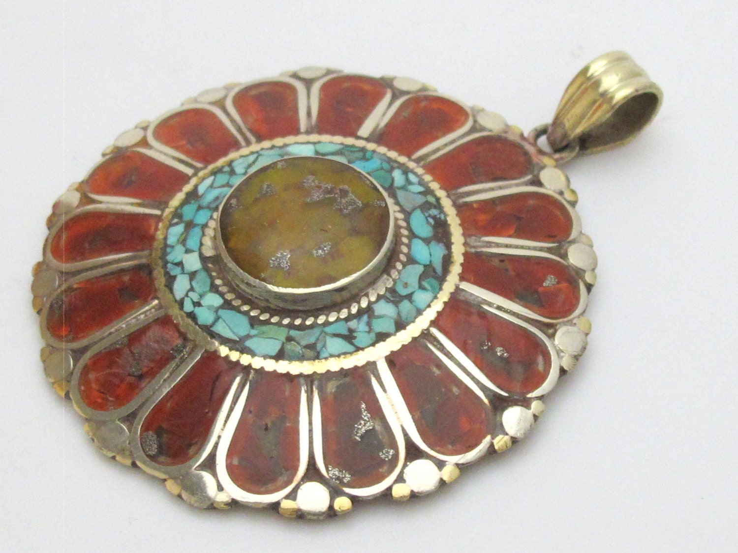 Large Ethnic floral Shield design Tibetan brass pendant with copal , coral and turquoise inlay - PM145A
