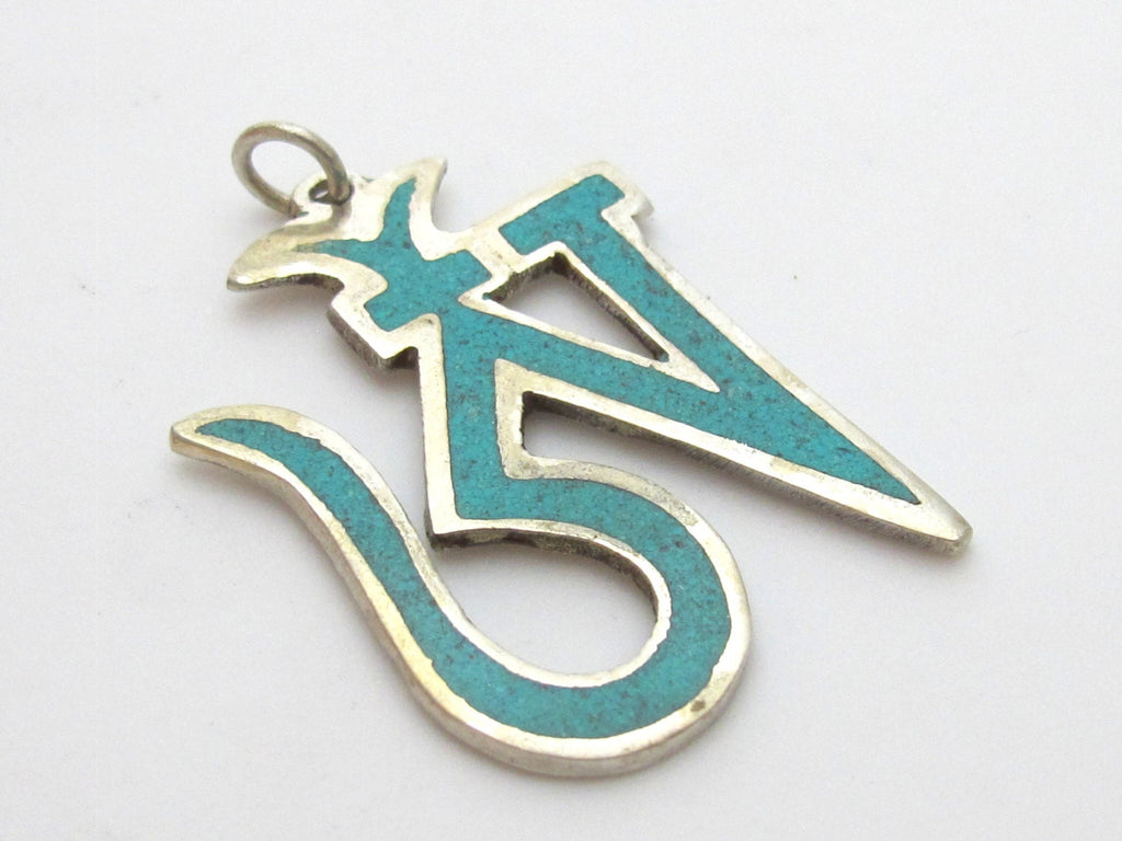 Tibetan silver plated Om pendant with turquoise inlay - PM147