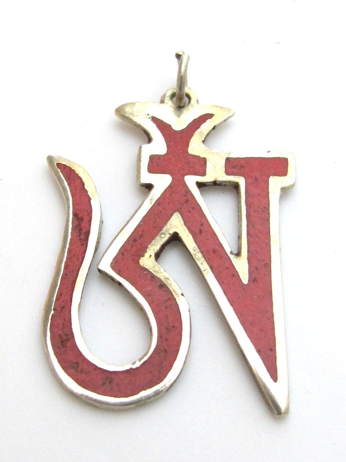 Tibetan silver plated Om pendant with coral inlay - PM147B