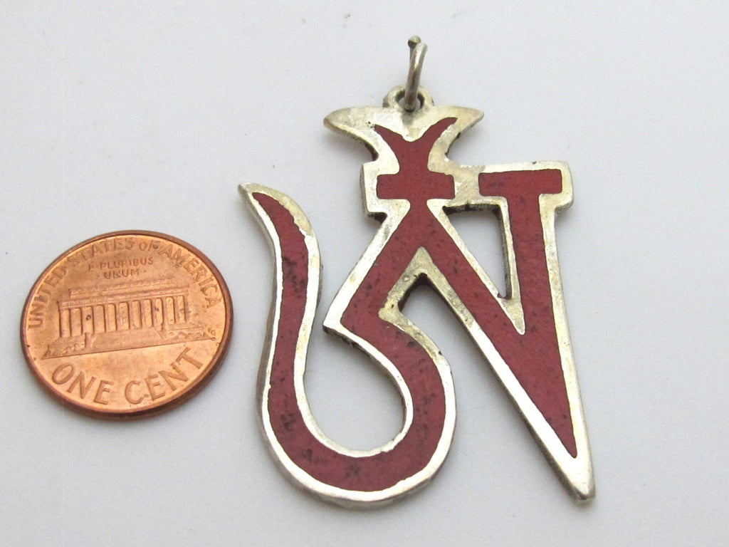 Tibetan silver plated Om pendant with coral inlay - PM147B