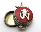 Small size Tibetan Ghau prayer box Om pendant with coral inlay - PM151A