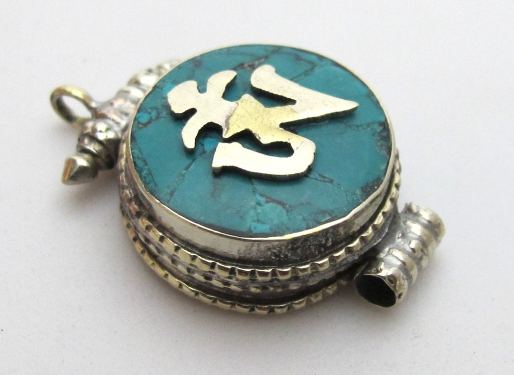 Small size Tibetan Turquoise inlaid Ghau prayer box Om pendant - PM151B