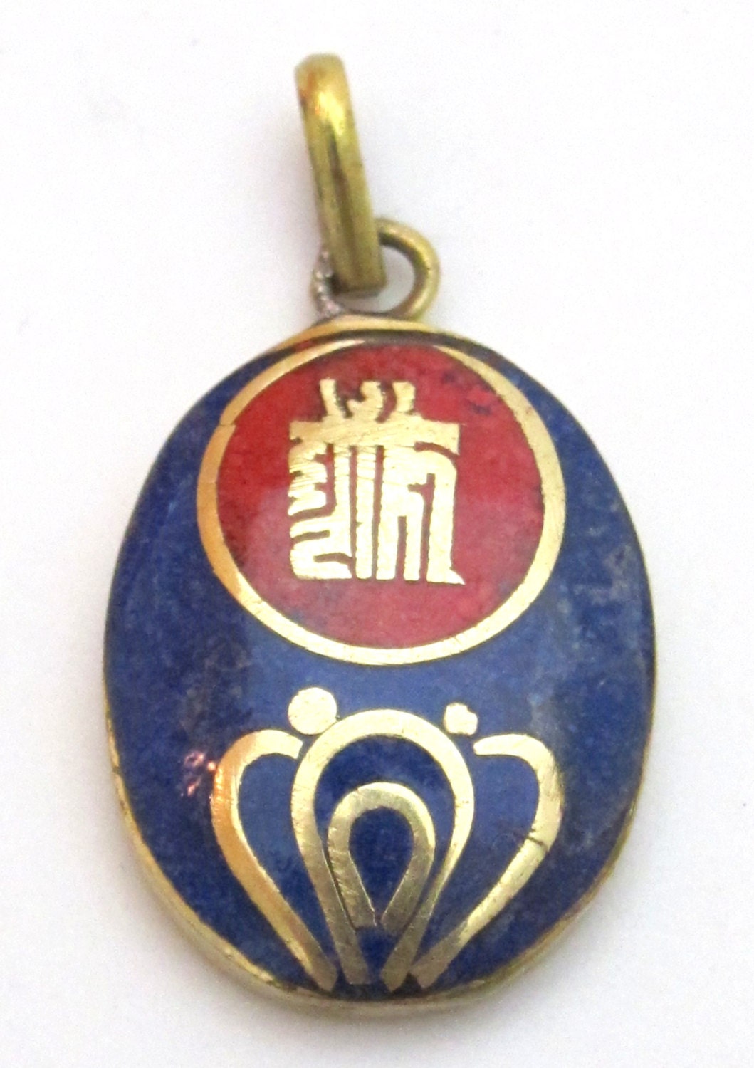 Small size Tibetan Kalachakra mantra pendant with lapis coral brass inlay- PM155