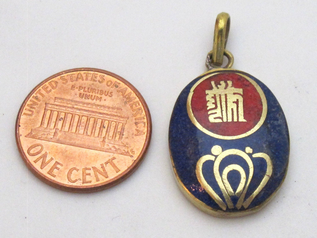 Small size Tibetan Kalachakra mantra pendant with lapis coral brass inlay- PM155