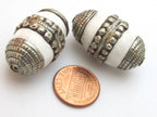 2 beads- Large Thick Tibetan Nepal Tribal naga conch shell silver color capped focal beads - CH033