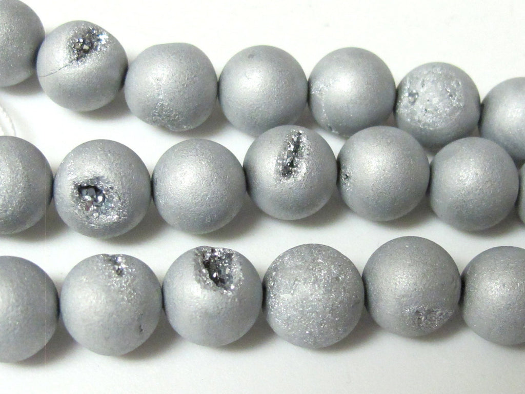Beautiful Metallic silver druzy agate geode round beads 10 mm - 10 beads - GM245
