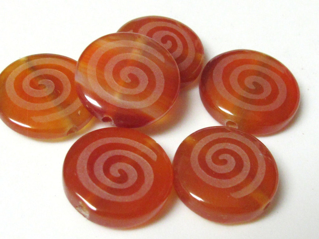 Etched Spiral design agate carnelian gemstone beads - 4 beads - GM247