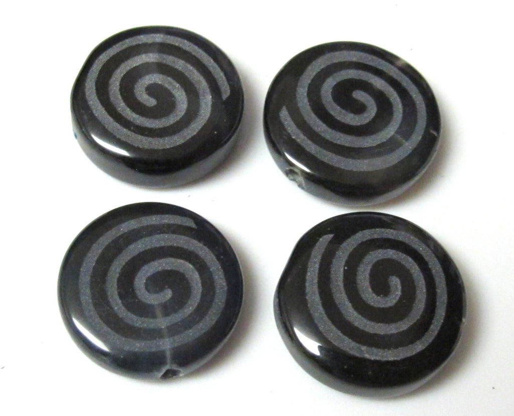 6 Beads-Spiral design etched Black Onyx gemstone beads - GM248