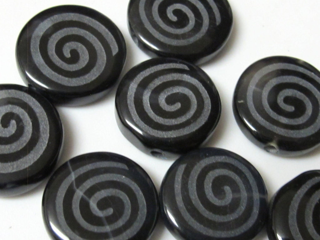 6 Beads-Spiral design etched Black Onyx gemstone beads - GM248