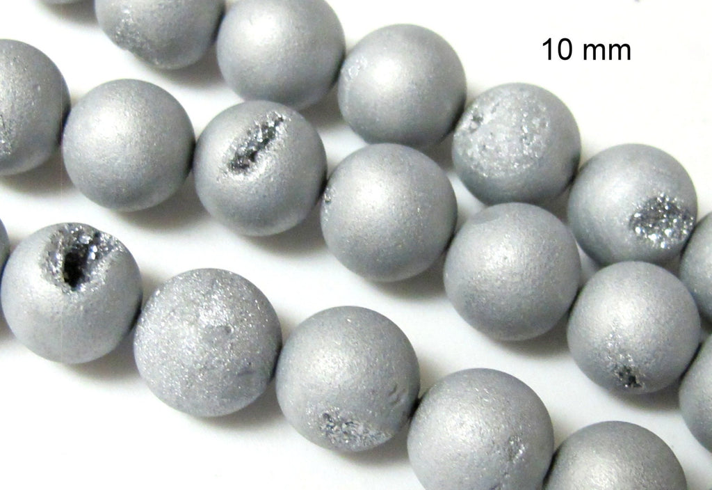 Beautiful Metallic silver druzy agate geode round beads 10 mm - 10 beads - GM245