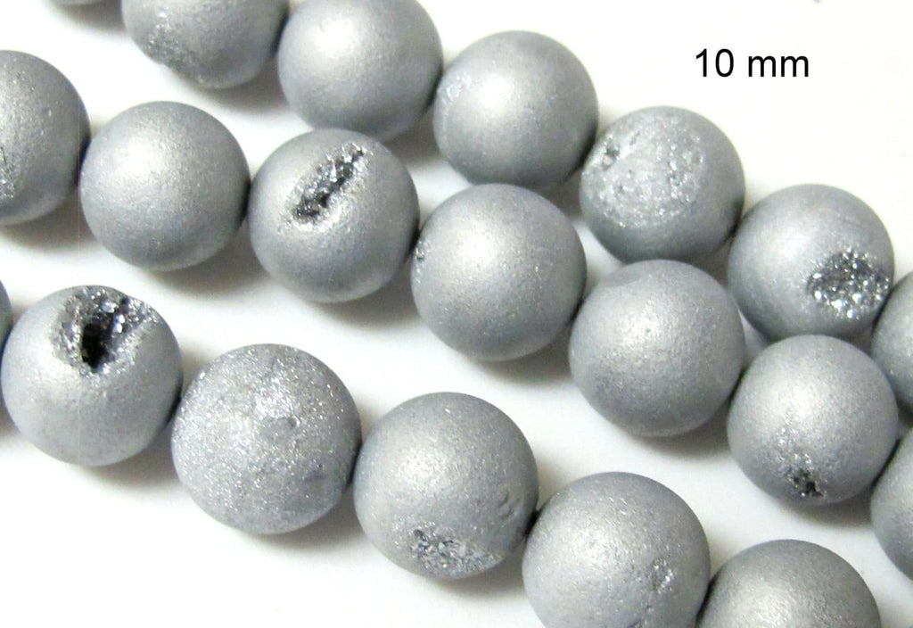 4 BEADS - 12 mm size - Beautiful Metallic silver druzy agate geode round beads - GM263