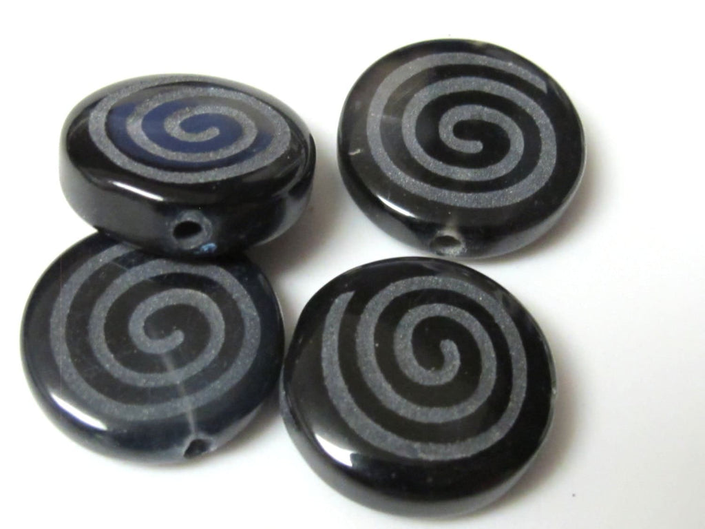 6 Beads-Spiral design etched Black Onyx gemstone beads - GM248
