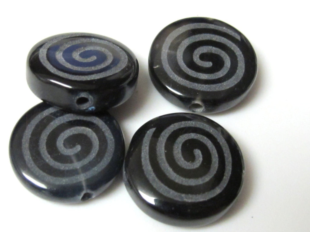 6 Beads-Spiral design etched Black Onyx gemstone beads - GM248