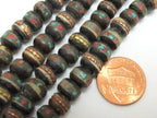 20 BEADS - Tibetan recycled cattle bone beads with turquoise brass copper inlay 8 mm - ML010
