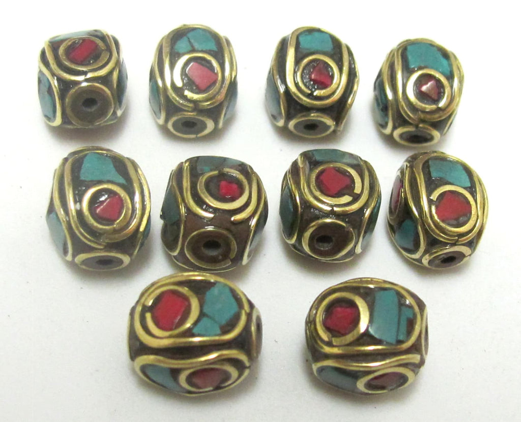 Tibetan evil eye brass beads with turquoise and inlay - 10 beads - BD437