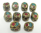 Tibetan evil eye brass beads with turquoise and inlay - 10 beads - BD437