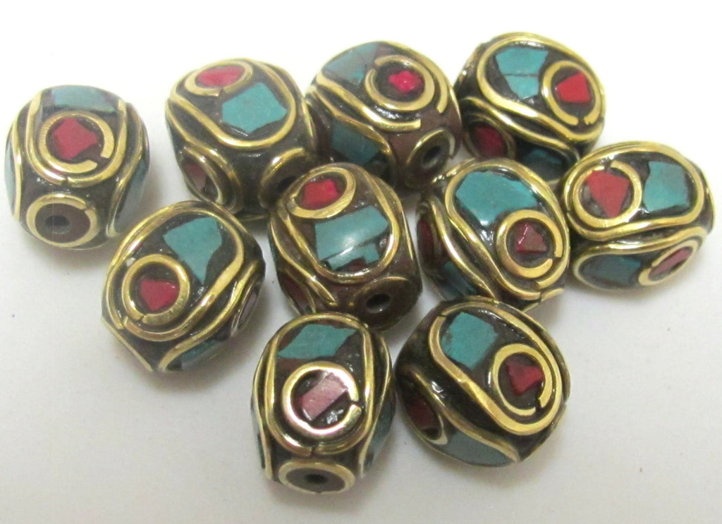 Tibetan evil eye brass beads with turquoise and inlay - 10 beads - BD437