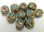 Tibetan evil eye brass beads with turquoise and inlay - 10 beads - BD437