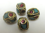 Tibetan evil eye brass beads with turquoise and inlay - 10 beads - BD437