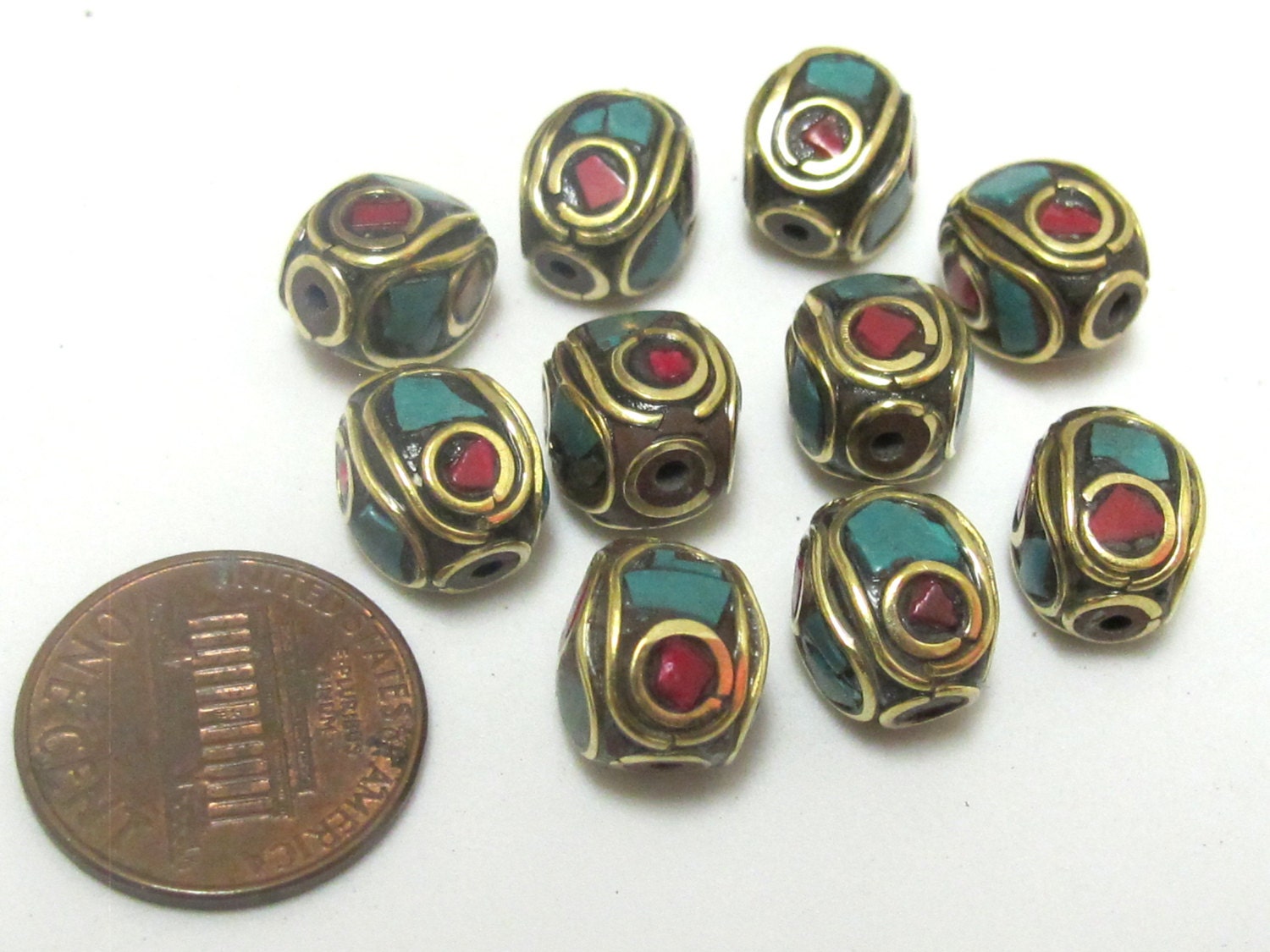 Tibetan evil eye brass beads with turquoise and inlay - 10 beads - BD437