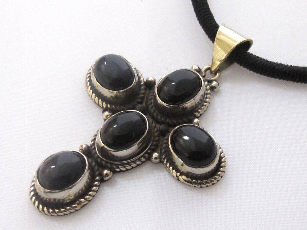 Tibetan silver black onyx gemstone cross pendant - PM141E
