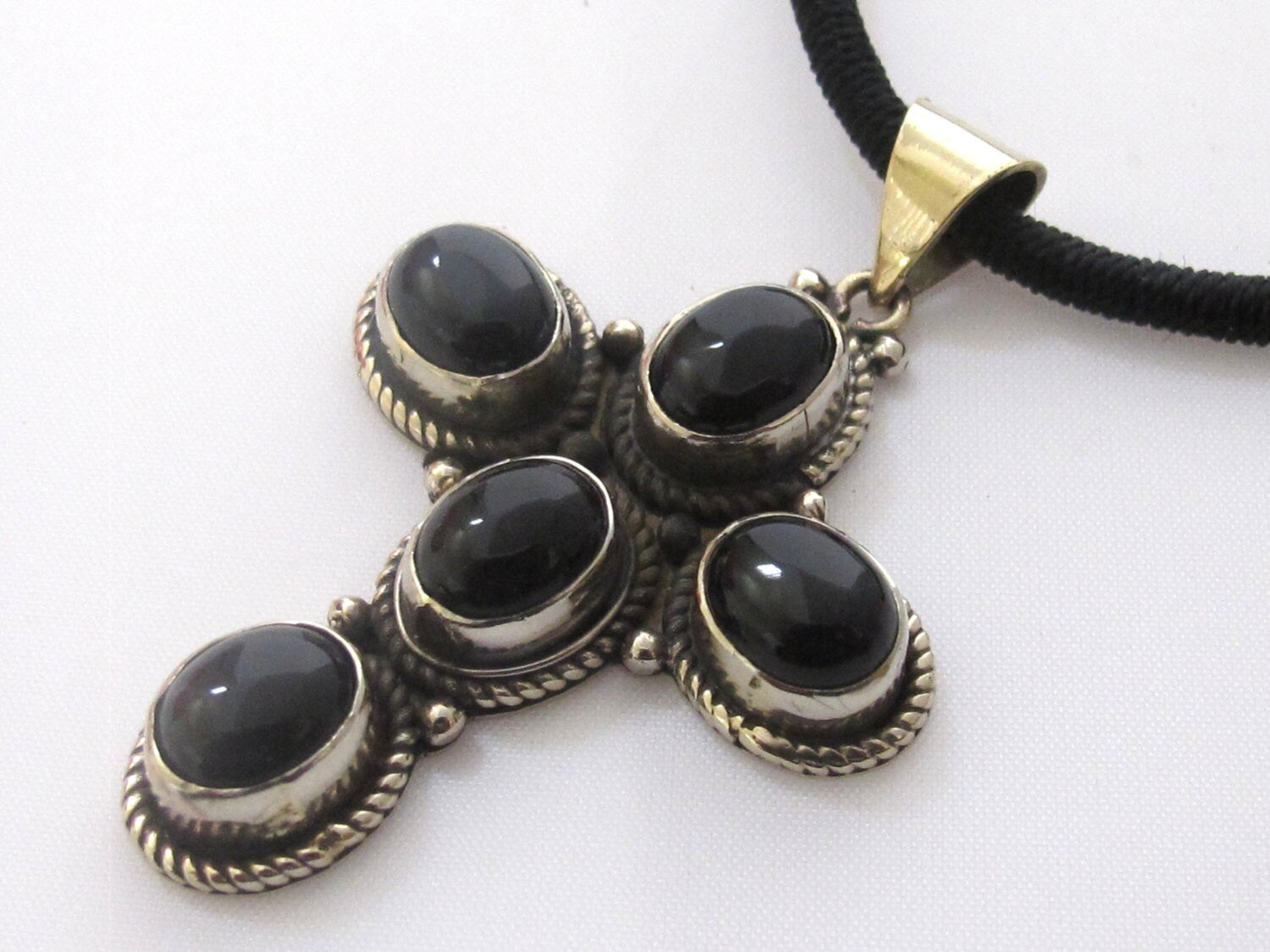 Tibetan silver black onyx gemstone cross pendant - PM141E