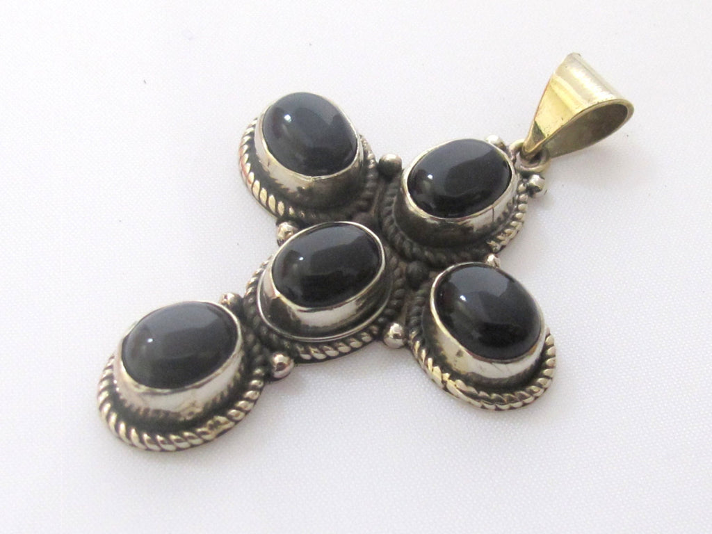 Tibetan silver black onyx gemstone cross pendant - PM141E