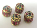 Tibetan brass cylinder shape beads with coral and turquoise inlay - 1 bead - BD439