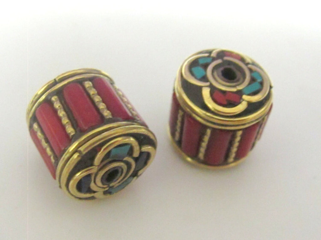 Tibetan brass cylinder shape beads with coral and turquoise inlay - 1 bead - BD439