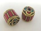 Tibetan brass cylinder shape beads with coral and turquoise inlay - 1 bead - BD439