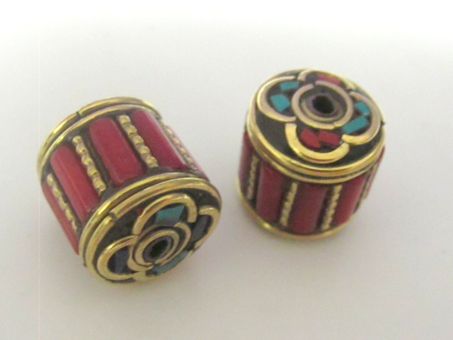 Tibetan brass cylinder shape beads with coral and turquoise inlay - 1 bead - BD439