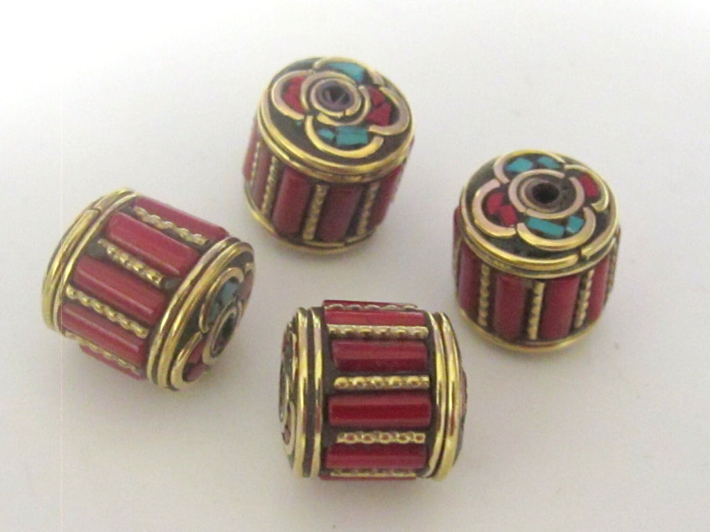 Tibetan brass cylinder shape beads with coral and turquoise inlay - 1 bead - BD439