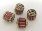 Tibetan brass cylinder shape beads with coral and turquoise inlay - 1 bead - BD439