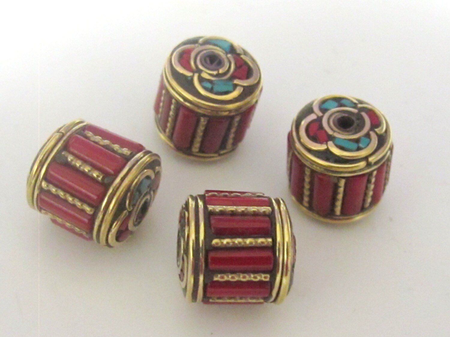 Tibetan brass cylinder shape beads with coral and turquoise inlay - 1 bead - BD439