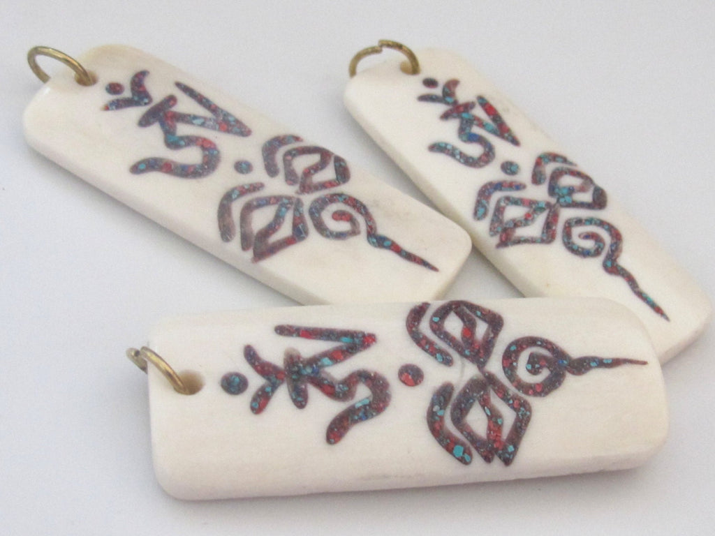 Tibetan Om with buddha eye rectangular bar shape recycled cattle bone pendant with turquoise and inlay - 1 pendant - PB071