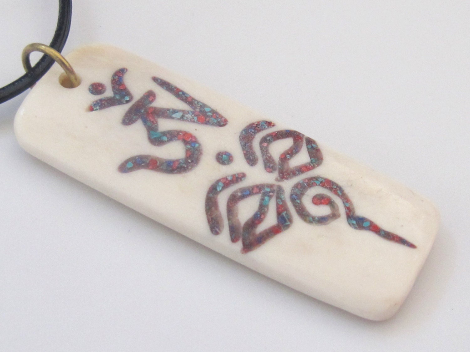 Tibetan Om with buddha eye rectangular bar shape recycled cattle bone pendant with turquoise and inlay - 1 pendant - PB071