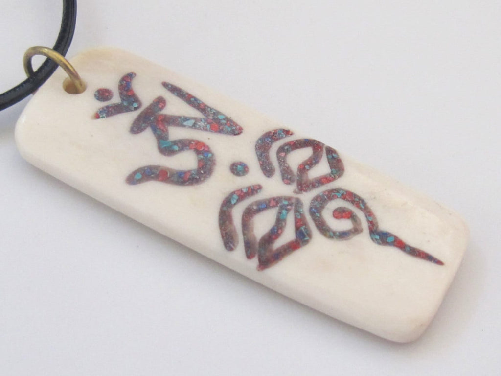 Tibetan Om with buddha eye rectangular bar shape recycled cattle bone pendant with turquoise and inlay - 1 pendant - PB071