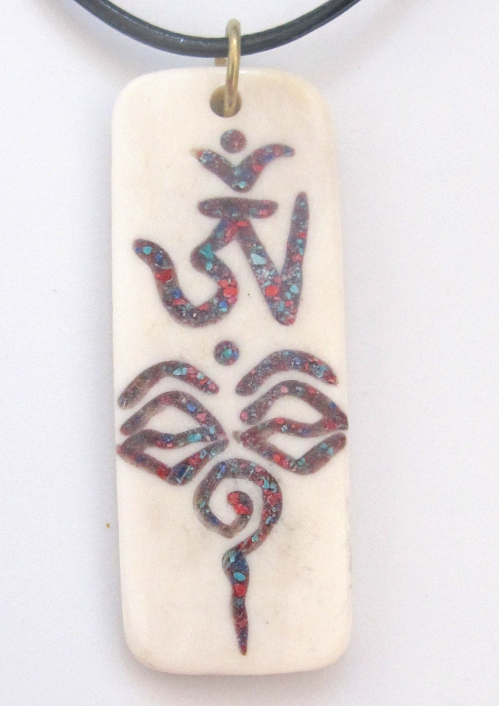 Tibetan Om with buddha eye rectangular bar shape recycled cattle bone pendant with turquoise and inlay - 1 pendant - PB071