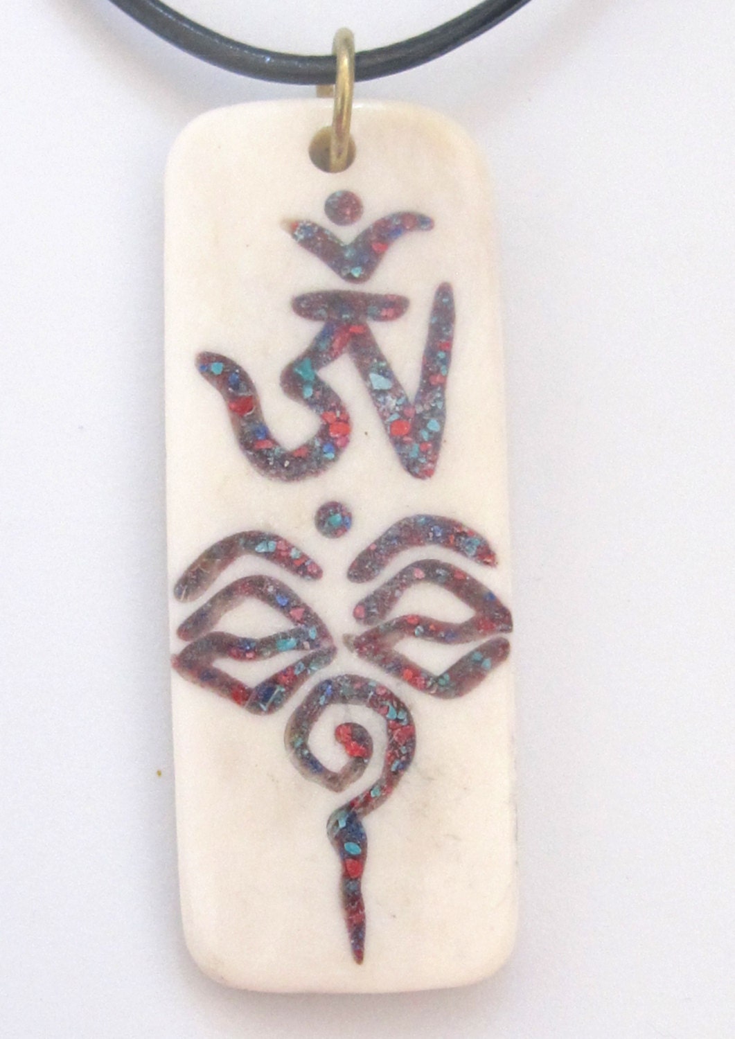 Tibetan Om with buddha eye rectangular bar shape recycled cattle bone pendant with turquoise and inlay - 1 pendant - PB071