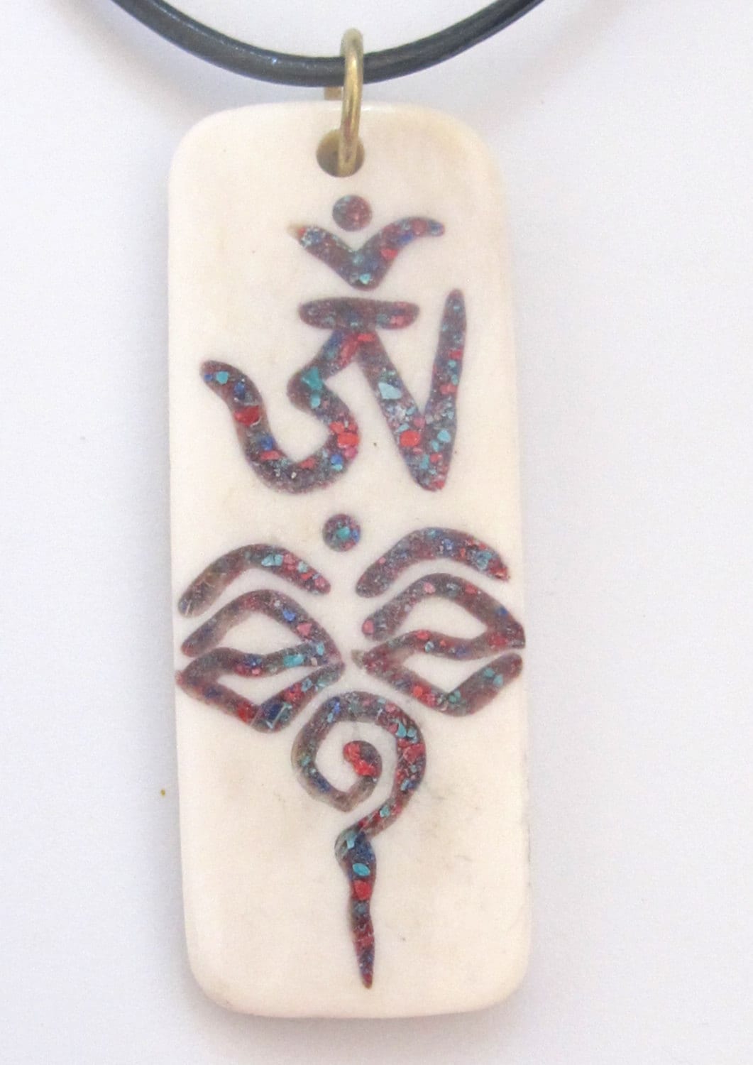 Tibetan Om with buddha eye rectangular bar shape recycled cattle bone pendant with turquoise and inlay - 1 pendant - PB071
