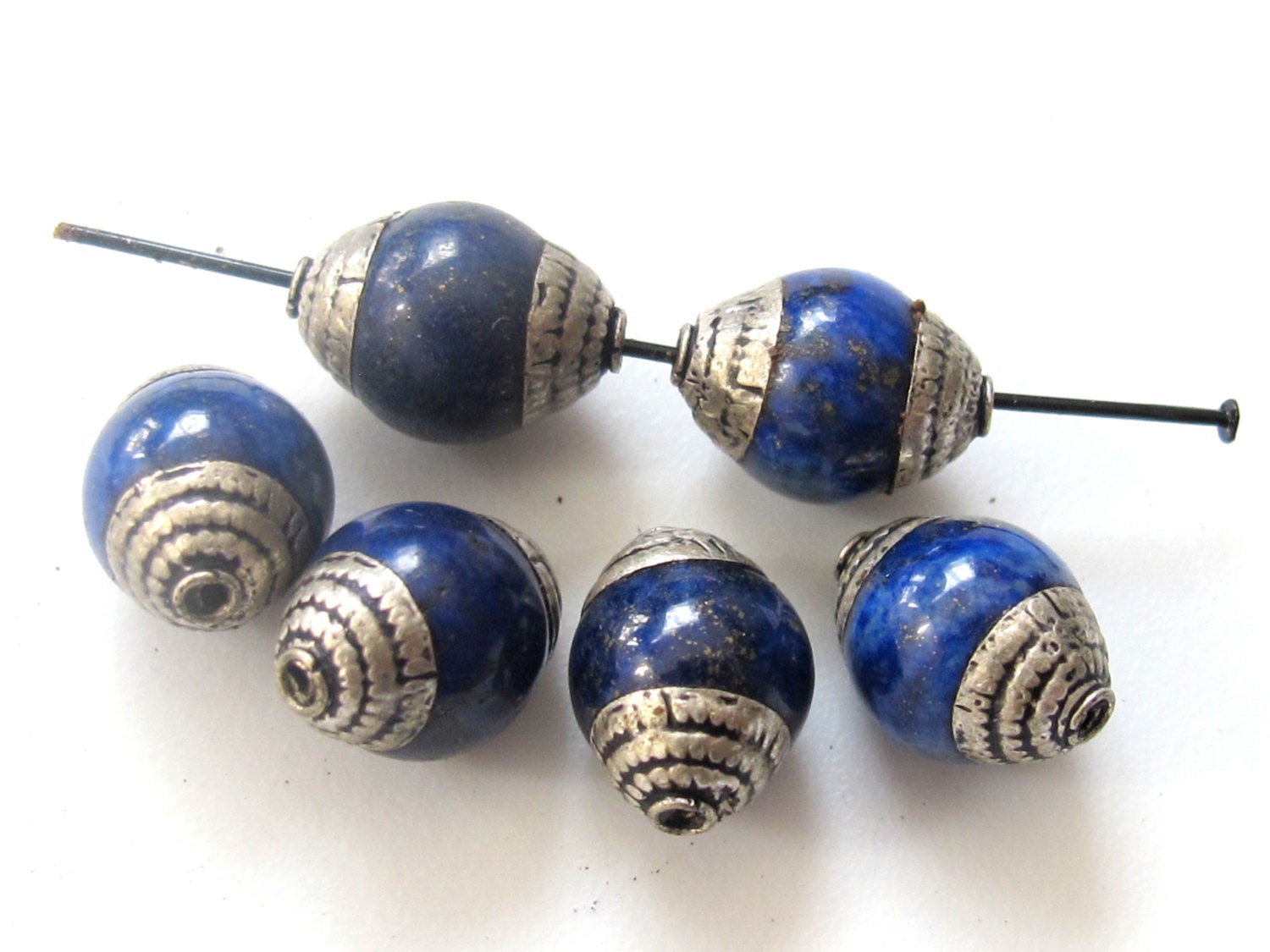 4 BEADS - Tibetan silver capped lapis gemstone beads from Nepal - BD450