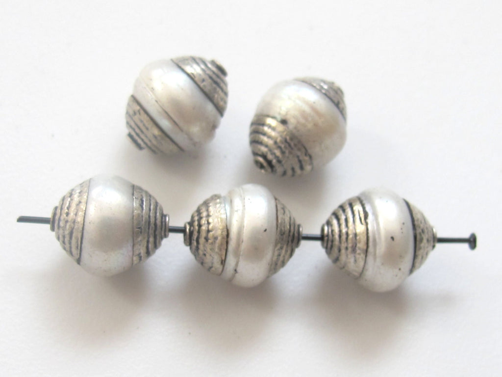 4 BEADS - Tibetan silver capped genuine fresh water pearl beads - BD455