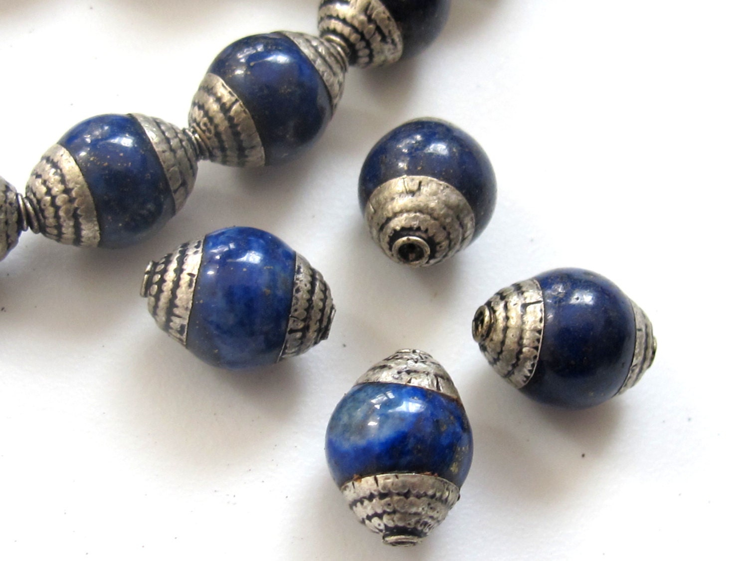 4 BEADS - Tibetan silver capped lapis gemstone beads from Nepal - BD450