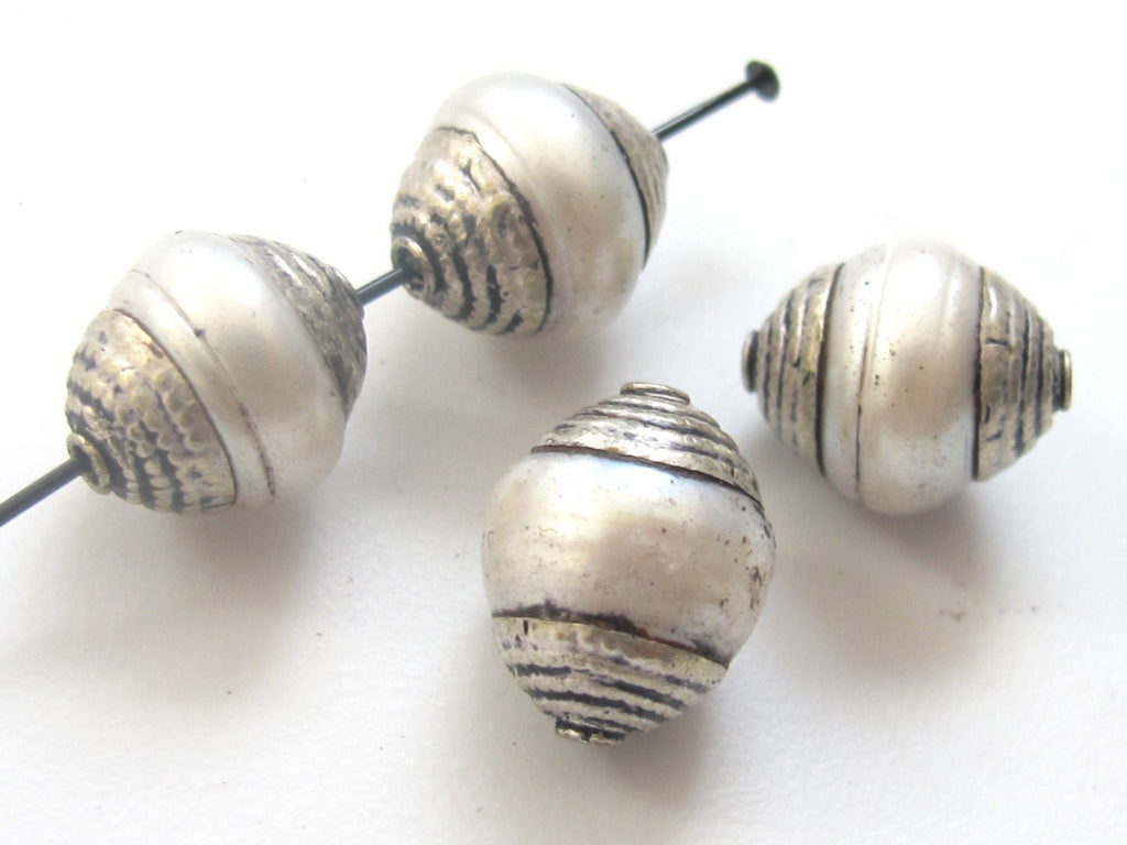 4 BEADS - Tibetan silver capped genuine fresh water pearl beads - BD455