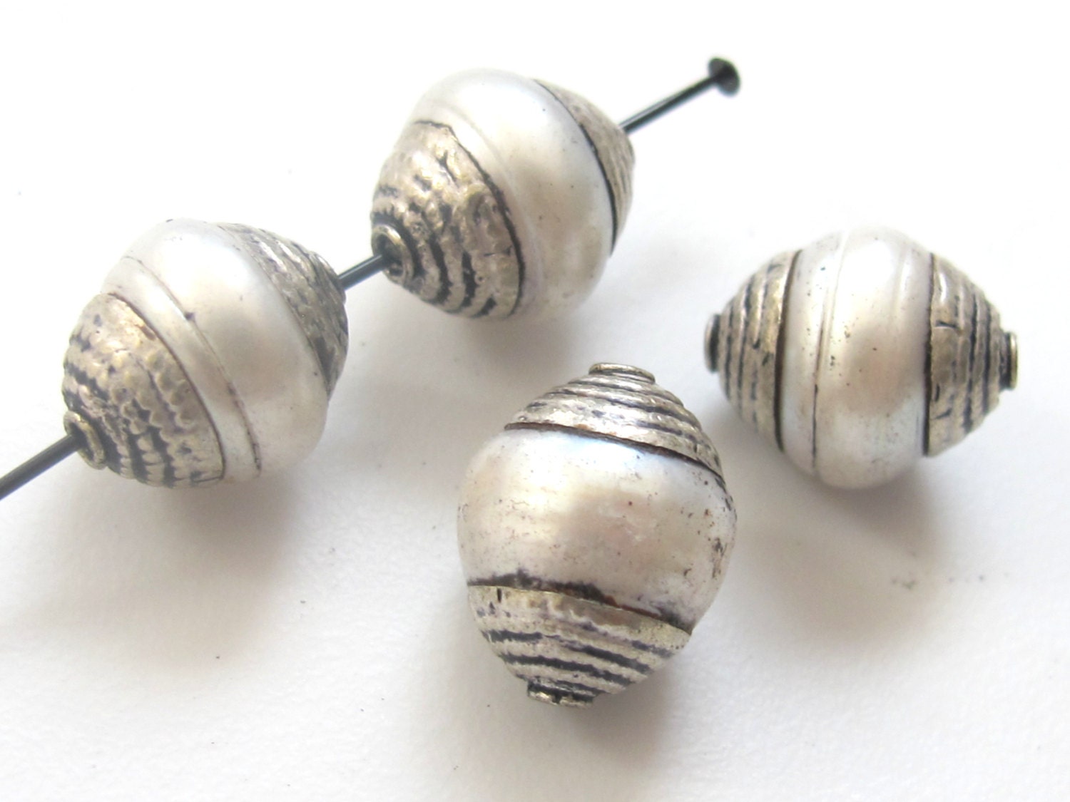 4 BEADS - Tibetan silver capped genuine fresh water pearl beads - BD455