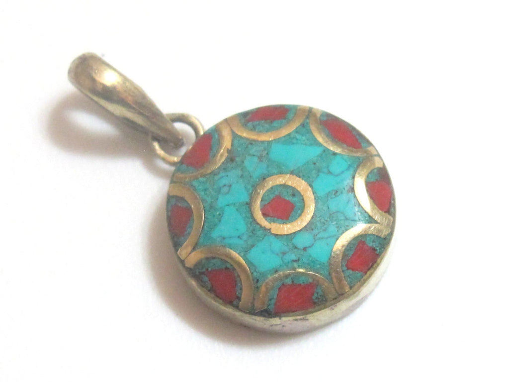 Small size Tibetan round shape brass pendant with turquoise coral inlay - PM176