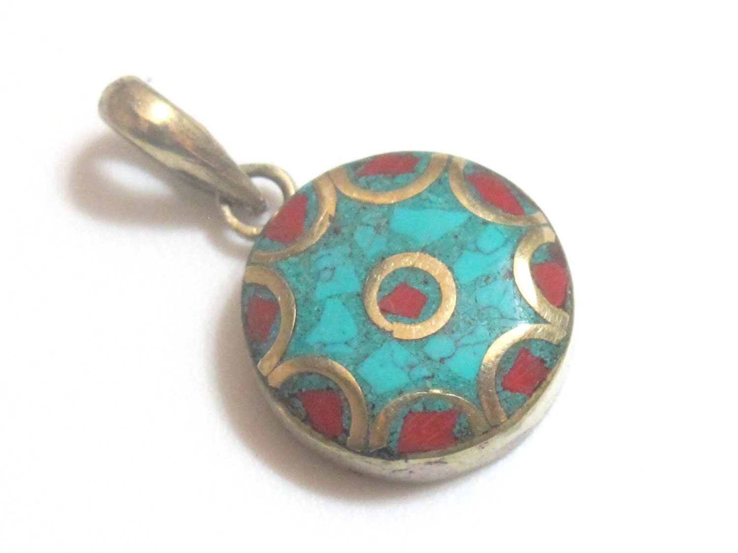 Small size Tibetan round shape brass pendant with turquoise coral inlay - PM176