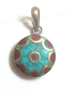 Small size Tibetan round shape brass pendant with turquoise coral inlay - PM176